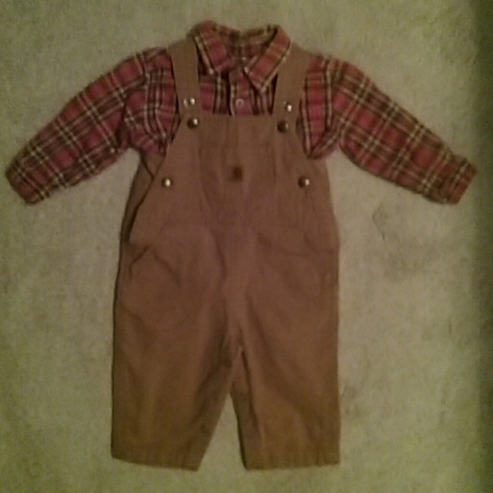 Carter's overalls and flannel shirt